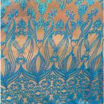 Nude Iridescent Baby Blue Damask Embroidered Lace