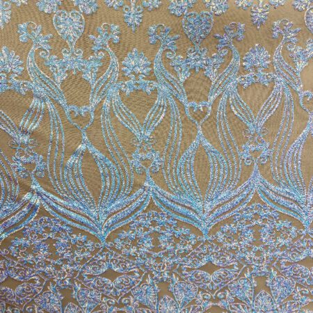 Iridescent Blue Damask Embroidered Lace