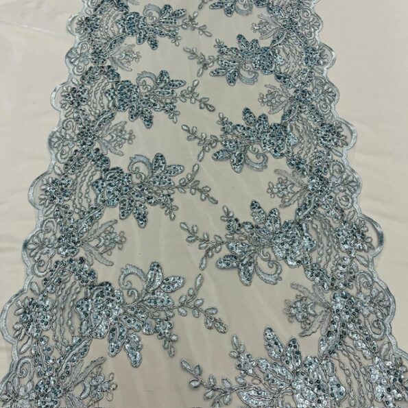 Round Sides Baby Blue Sequin Lace Fabric