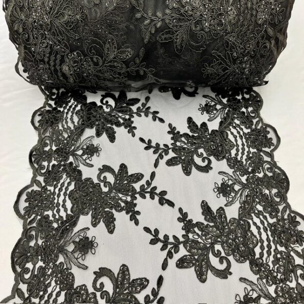 Round Sides Black Sequin Lace Fabric