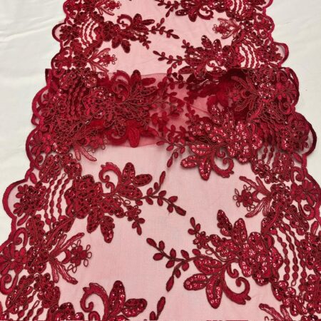 Round Sides Burgundy Sequin Lace Fabric