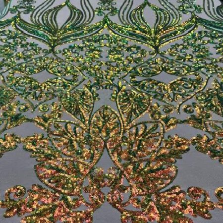 Nude Iridescent Green Damask Embroidered Lace