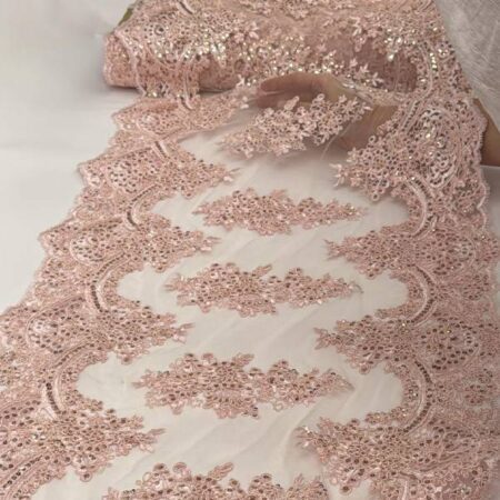 Sequin Lace Fabric with Embroideries on Mesh by the Yard – 20” Wide, Polyester Mesh with Scalloped Borders for Dresses, Overlays & Decorations VT-14