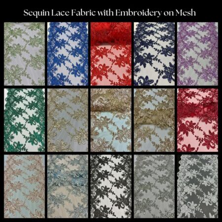 Sequin Lace Fabric with Embroidery on Mesh – Perfect for Wedding Gowns, Costumes & Crafts VT-18