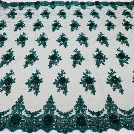 Luxury 3D Floral Beaded Lace Fabric – Embellished Mesh with Pearls for Bridal Gowns, Dresses, Veils, Decor by the Yard VT-30