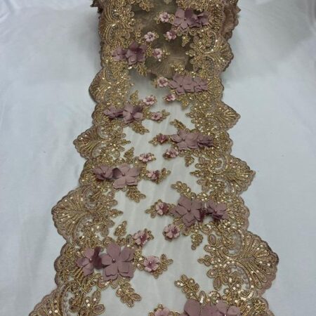 Dusty Rose Beaded Lace Table Runner – Vintage 3D Floral Lace with Pearls & Sequins | Romantic Wedding, Boho and Rustic Décor – VT-33