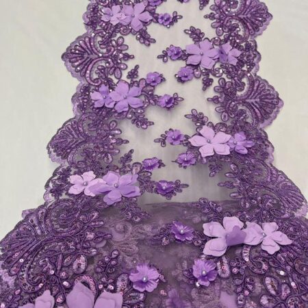 Lilac Beaded Lace Table Runner – Soft 3D Floral Lace with Pearls & Sequins | Spring, Wedding and Fairytale Décor – VT-33