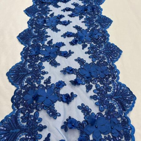 Royal Blue Beaded Lace Table Runner – 3D Embroidered Floral Lace with Pearls & Sequins | Wedding, Luxury and Event Décor – VT-33