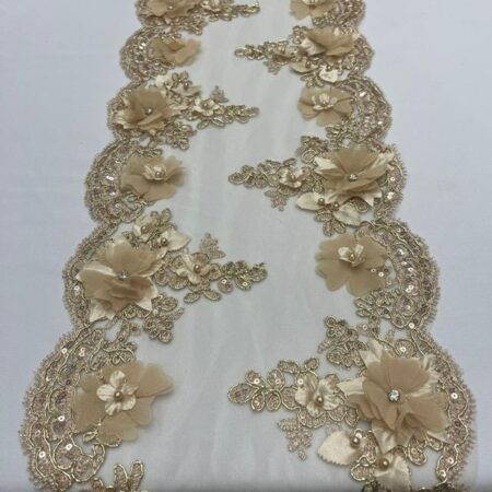 Champagne Beaded Lace Table Runner – 3D Embroidered Lace with Pearls & Crystals | Elegant Wedding and Table Décor – VT-34