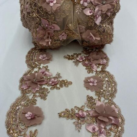 Dusty Rose Beaded Lace Table Runner – 3D Embroidered Floral Lace with Pearls & Crystals | Wedding and Event Décor – VT-34