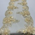 Gold Beaded Lace Table Runner – 3D Embroidered Lace with Pearls & Crystals | Luxury Wedding, Table and Event Décor – VT-34