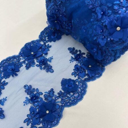 Royal Blue Beaded Lace Table Runner – 3D Embroidered Lace with Pearls & Crystals | Luxury Wedding and Event Décor – VT-34