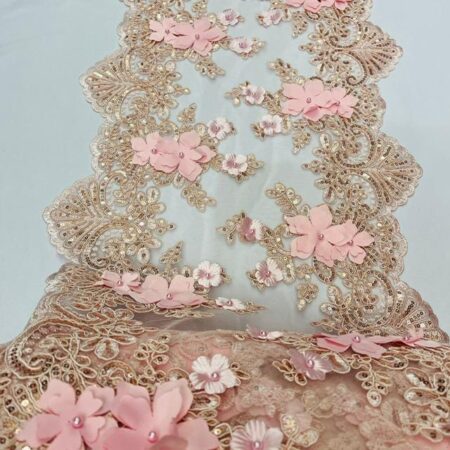 Blush Pink Beaded Lace Table Runner – 3D Floral Lace with Pearls & Sequins | Romantic Wedding Lace Décor, Bridal and Home Styling – VT-33