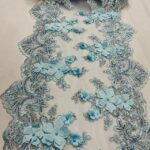 Baby Blue Beaded Lace Table Runner – 3D Floral Lace Fabric with Pearls & Sequins | Elegant Table Décor, Wedding and Event Decoration – VT-33
