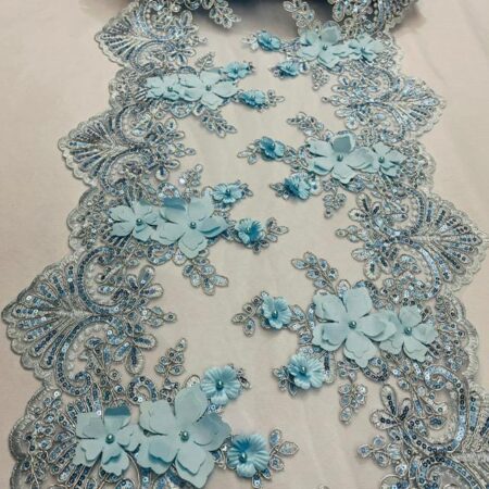 Baby Blue Beaded Lace Table Runner – 3D Floral Lace Fabric with Pearls & Sequins | Elegant Table Décor, Wedding and Event Decoration – VT-33