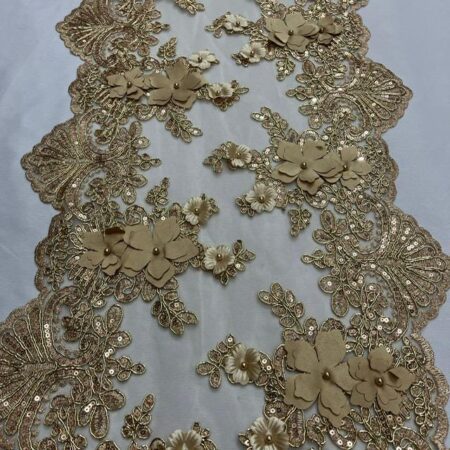 Champagne Beaded Lace Table Runner – Elegant 3D Embroidered Floral Lace Fabric with Pearls & Sequins | Wedding, Luxury Décor – VT-33
