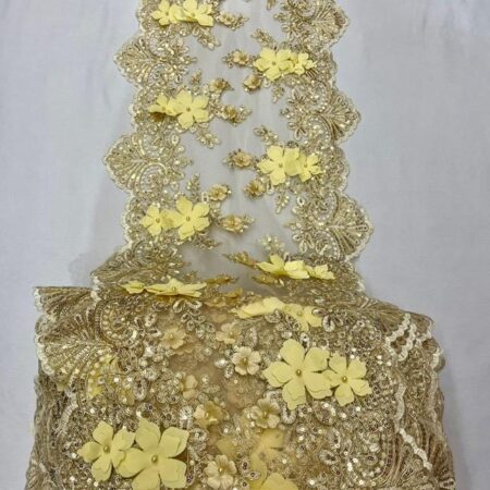 Gold Beaded Lace Table Runner – Luxury 3D Embroidered Lace with Pearls & Sequins | Elegant Wedding, Table and Event Décor – VT-33