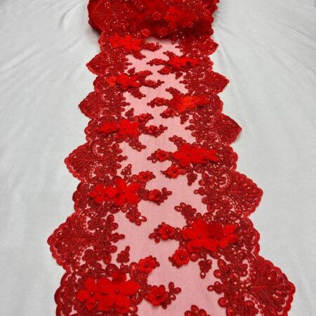 Red Beaded Lace Table Runner – 3D Floral Lace with Pearls & Sequins | Wedding, Valentine’s, Festive and Luxury Décor – VT-33