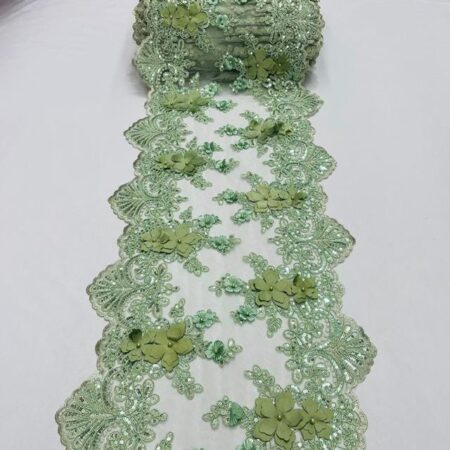 Sage Green Beaded Lace Table Runner – 3D Embroidered Lace with Pearls & Sequins | Boho, Rustic Wedding and Nature-Inspired Décor – VT-33