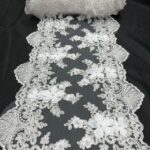 White Beaded Lace Table Runner – 3D Floral Lace with Pearls & Sequins | Bridal Wedding, Elegant Table and Home Décor – VT-33