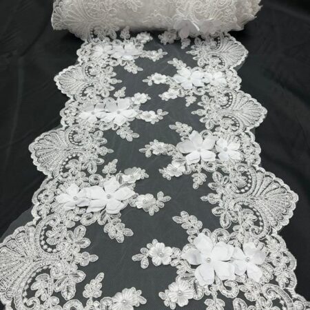 White Beaded Lace Table Runner – 3D Floral Lace with Pearls & Sequins | Bridal Wedding, Elegant Table and Home Décor – VT-33