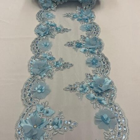 Baby Blue Beaded Lace Table Runner – 3D Embroidered Lace with Pearls & Crystals | Wedding, Table and Home Décor – VT-34