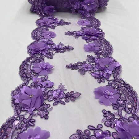 Lilac Beaded Lace Table Runner – 3D Embroidered Floral Lace with Pearls & Crystals | Spring Wedding and Event Décor – VT-34