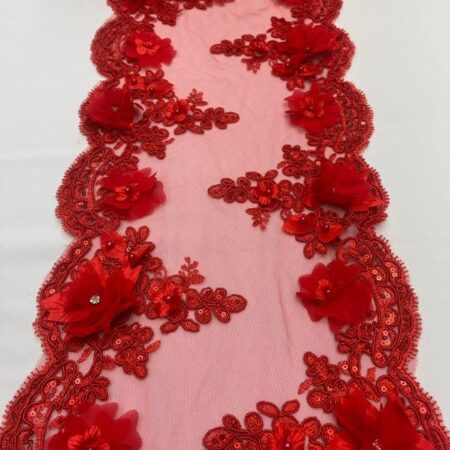 Red Beaded Lace Table Runner – 3D Embroidered Lace with Pearls & Crystals | Valentine’s, Wedding and Event Décor – VT-34