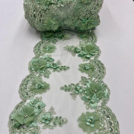 Sage Green Beaded Lace Table Runner – 3D Embroidered Lace with Pearls & Crystals | Rustic, Boho Wedding and Event Décor – VT-34