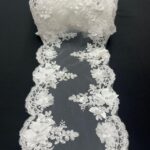 White Beaded Lace Table Runner – 3D Embroidered Lace with Pearls & Crystals | Bridal Wedding, Elegant Table and Home Décor – VT-34