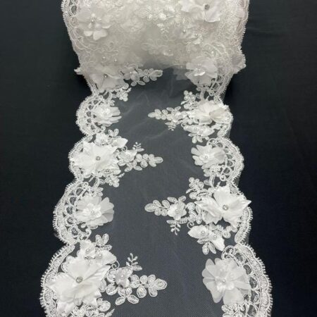 White Beaded Lace Table Runner – 3D Embroidered Lace with Pearls & Crystals | Bridal Wedding, Elegant Table and Home Décor – VT-34